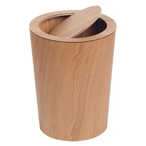 Modern Round Trash Can with Lid,Solid Real Wood Waste Basket in Walnut,8L/2.1Gal,9.25"x7.5"x11.8" Swing Top Small Trash Can, Living Room, Office & Bathroom Farmhouse Loft Wooden Style