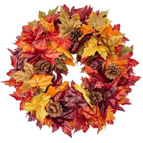 16" Artificial Fall Wreath for Front Door Autumn Wreath with Maple Leaves, Pine Cones Fall Decorations for Farmhouse Indoor Outdoor Window Wall Door Décor