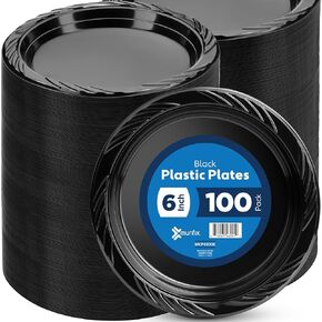 Munfix 6 Inch Black Plastic Plates 100 Bulk Pack - Disposable Cake Plates for Dessert & Appetizers, BBQ, Party, Travel and Events, Microwavable Recyclable