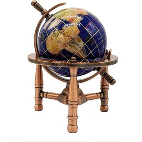 Unique Art 6-Inch Tall Blue Lapis Ocean Mini Table Top Gemstone World Globe with Copper Tripod