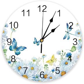 Wildflower Butterfly PVC Wall Clock Silent Non-Ticking Battery Operated Clocks, Spring Floral Round Clock for Home Living Room Office School Kitchen Bedroom Bathroom Wall Decor 10 Inch Summer Flowers