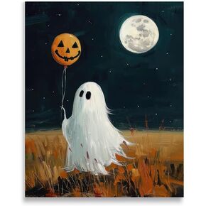 Yidepot Halloween Decorations Gothic Ghost Decor: Fall Pumpkin Balloon Vintage Bathroom Aesthetic Halloween Canvas Wall Art 12x15inch