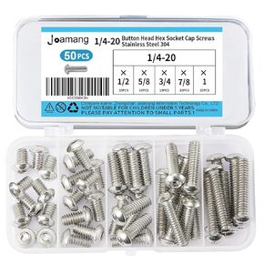 1/4-20 x 3/8", 3/4", 1/2", 1", 1-1/4" Button Head Socket Cap Screws Bolts, 18-8 Stainless Steel(304), Allen Hex Drive, Full Machine UNC Threads, Assortment Kit 40PCS