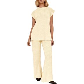 Tankaneo Womens Sleeveless Sweater Sets 2 Piece Outfits Knit Pullover Tops High Waisted Pants Tracksuits