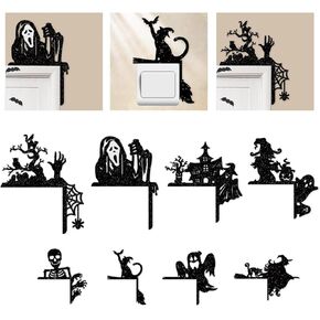 Removable 8 Pack Creative Halloween Switch Decals Black Ghost Skeleton Witch Door Frame Wall Decals Decorative Art Murals for Halloween Living Room Bedroom Bathroom Kitchen Light Switch Decor Decals