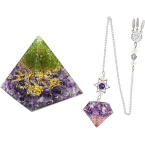 mookaitedecor Peridot Tree of Life Orgone Pyramid & Crystal Pendulum Set, Orgonite Energy Generator Stone Chips Points for Meditation Balancing, Amethyst in Kuwait