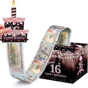 Sweet 16th Birthday Money Box for Cash Gift, Surprise Pull Out Money Gift Box with 100Pcs Transparent Bags - Fun Ways to Give Cash as A 16th Birthday Gift for Girls