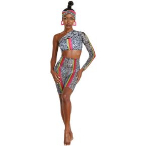 keva J Swimwear 3 Piece Asymmetrical Mesh Longsleeve High Waisted Biker Shorts Full Coverage Swimsuit for Women