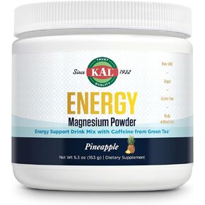 KAL Energy Magnesium Powder Drink, Pineapple Flavor Magnesium Citrate Powder, Energy Support with Green Tea Caffeine, Sugar Free, 40 Servings