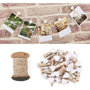 Pandahall 100Pcs Wooden Heart Clothespins Photo Clips Photo Paper Pegs Clips Gold Silver Mini Clothes Pins Holiday Card Holder Display with 10.9 Yards Jute Twine