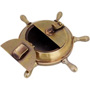 JD'Z COLLECTION منفضة سجائر نحاسية طراز بحري عتيق للاستخدام الداخلي والخارجي منفضة سجائر مصنوعة يدويًا على شكل عجلة سفينة منفضة سجائر مزخرفة بحرية مع غطاء in Kuwait