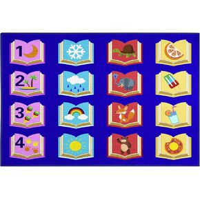 Educational Classroom Rug 6'5"x8'5" Blue Carpet with 16 Seats Reading Books Kids Playmat Non Slip Seating Rug for Elementary, Preschool, Nursery, Kids Room