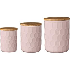 Bloomingville Farmhouse Stoneware Canisters with Honeycomb Design and Bamboo Lids, White and Natural, Set of 3 Sizes
