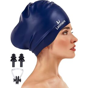 Large Long Hair Swim Cap with Extra Room for Women Men, Silicone Swimming Cap for Long Thick Hair with Ear Plugs Nose Clip Set.