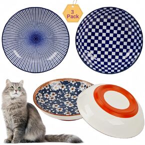 Whisker Fatigue Cat Bowl, 3PCS Ceramic Cat Bowls, 5.5 in Shallow Cat Food Dish, Cute Flat Cat Bowl, Small Wide Cat Plates for Indoor Cats with Silicone Bottom, Non-Slip and Quiet