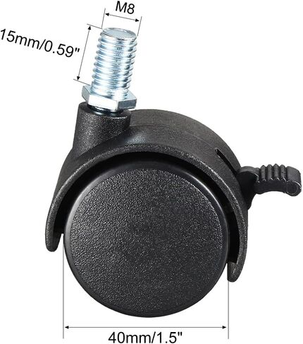 uxcell® 1.5 Inch Swivel Caster Wheels Nylon 360 Degree Threaded Stem Caster Wheel with Brake, M8 x 15mm, 100lb Total Capacity, Pack of 4 in Saudi Arabia