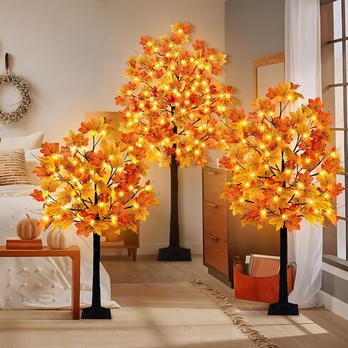 Krissing 3 Pack Light Up Fall Tree, 4Ft, 5Ft, 6Ft Artificial Lighted Fall Maple Tree with Lights Fake Autumn Maple Tree for Fall Home Indoor Outdoor Thanksgiving Fall Decor in Saudi Arabia