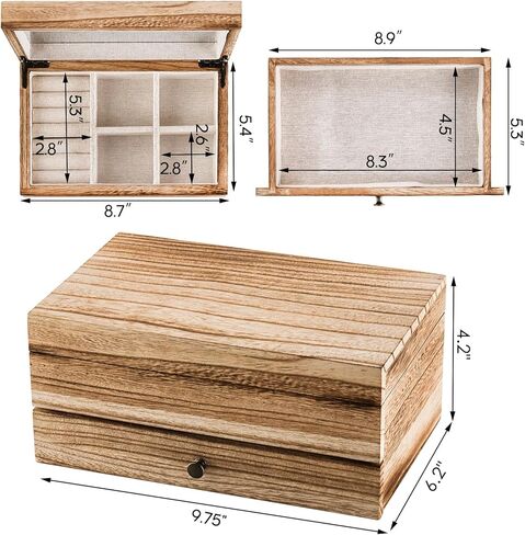 منظم صندوق مجوهرات خشبي ريفي من تيبيري مع مرآة للفتيات والنساء، علبة تخزين مجوهرات عتيقة كبيرة بطبقتين مع صينية حلقية لقلادة وأقراط وأساور وخواتم (خشب مشعل) in Kuwait