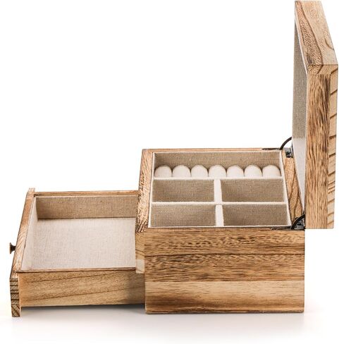 منظم صندوق مجوهرات خشبي ريفي من تيبيري مع مرآة للفتيات والنساء، علبة تخزين مجوهرات عتيقة كبيرة بطبقتين مع صينية حلقية لقلادة وأقراط وأساور وخواتم (خشب مشعل) in Kuwait