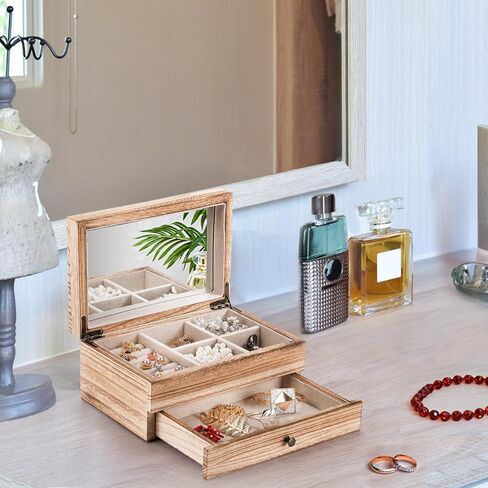 منظم صندوق مجوهرات خشبي ريفي من تيبيري مع مرآة للفتيات والنساء، علبة تخزين مجوهرات عتيقة كبيرة بطبقتين مع صينية حلقية لقلادة وأقراط وأساور وخواتم (خشب مشعل) in Kuwait