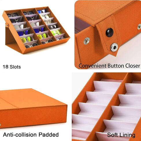 18 Slot Sunglasses Organizer Box Stand Display Case/Tray, Snap Close & Polyester Silk Lined (2, ORANGE) in Kuwait