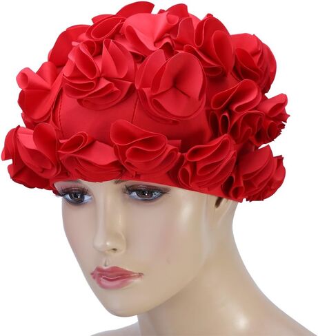 Floral Petal Bathing Swim, Comfortable Bathing Hat Ideal for Curly Short Medium Long Hair, Swimming Hat, Easy to Put On and Off (Red) in Saudi Arabia