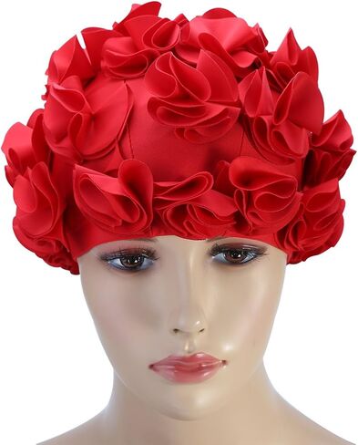 Floral Petal Bathing Swim, Comfortable Bathing Hat Ideal for Curly Short Medium Long Hair, Swimming Hat, Easy to Put On and Off (Red) in Saudi Arabia