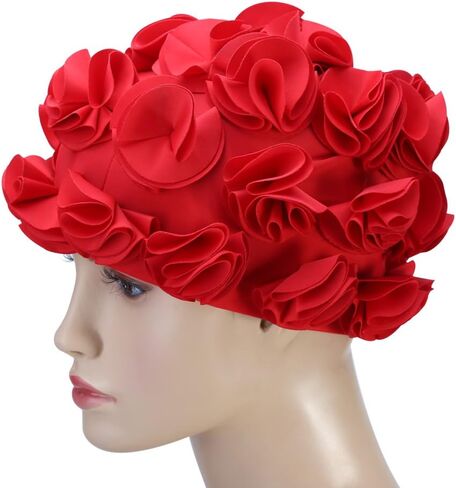 Floral Petal Bathing Swim, Comfortable Bathing Hat Ideal for Curly Short Medium Long Hair, Swimming Hat, Easy to Put On and Off (Red) in Saudi Arabia