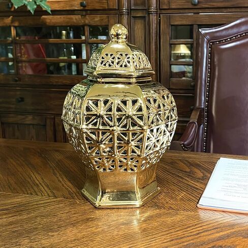 Ceramic Ginger Jar with Lid Decorative Jar Luxurious Ceramic Ginger Jar with Lid Handmade Temple Jar Hand Carved Lattice Vase Gift Jars for Home Office Table Living Room Bedroom Gold in Saudi Arabia