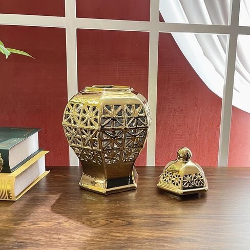 Ceramic Ginger Jar with Lid Decorative Jar Luxurious Ceramic Ginger Jar with Lid Handmade Temple Jar Hand Carved Lattice Vase Gift Jars for Home Office Table Living Room Bedroom Gold in Saudi Arabia