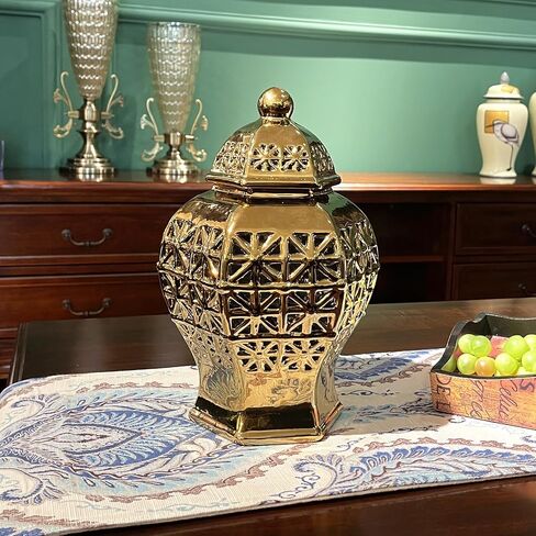 Ceramic Ginger Jar with Lid Decorative Jar Luxurious Ceramic Ginger Jar with Lid Handmade Temple Jar Hand Carved Lattice Vase Gift Jars for Home Office Table Living Room Bedroom Gold in Saudi Arabia