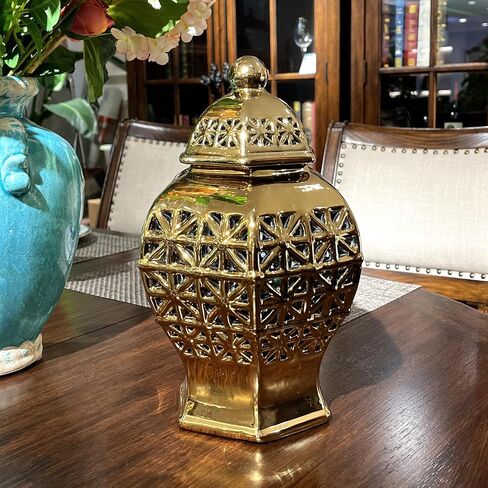 Ceramic Ginger Jar with Lid Decorative Jar Luxurious Ceramic Ginger Jar with Lid Handmade Temple Jar Hand Carved Lattice Vase Gift Jars for Home Office Table Living Room Bedroom Gold in Saudi Arabia