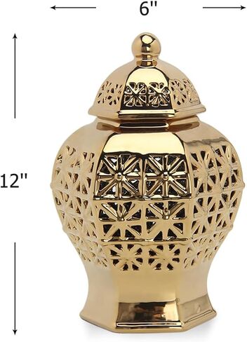 Ceramic Ginger Jar with Lid Decorative Jar Luxurious Ceramic Ginger Jar with Lid Handmade Temple Jar Hand Carved Lattice Vase Gift Jars for Home Office Table Living Room Bedroom Gold in Saudi Arabia