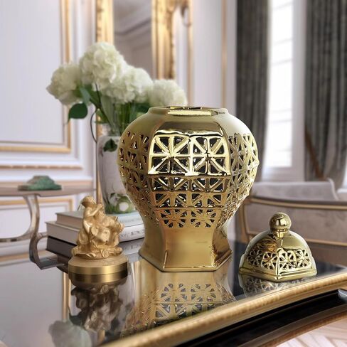 Ceramic Ginger Jar with Lid Decorative Jar Luxurious Ceramic Ginger Jar with Lid Handmade Temple Jar Hand Carved Lattice Vase Gift Jars for Home Office Table Living Room Bedroom Gold in Saudi Arabia