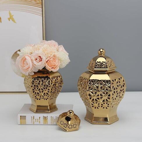 Ceramic Ginger Jar with Lid Decorative Jar Luxurious Ceramic Ginger Jar with Lid Handmade Temple Jar Hand Carved Lattice Vase Gift Jars for Home Office Table Living Room Bedroom Gold in Saudi Arabia