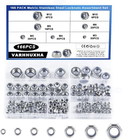 166 Pcs Locknuts Assortment Kit, Metric Lock Nuts, Nylon Insert Lock Nuts, M3 M4 M5 M6 M8 M10 M12 Nuts, 304 Stainless Steel Nylock Nuts for Bolt Screws, Standard Threaded Assorted Hardware Nuts in Saudi Arabia