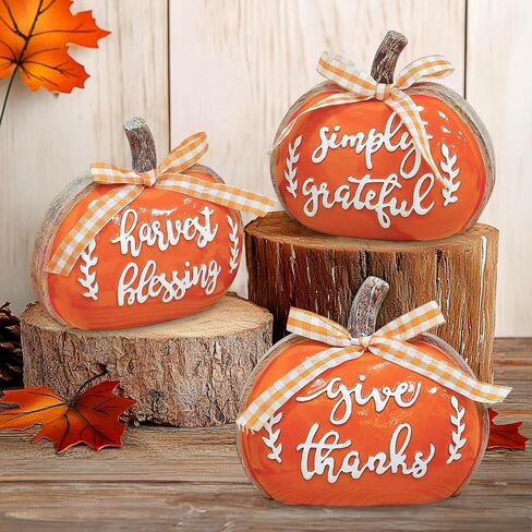 TURNMEON 3D Resin Pumpkin Decor, 3 PCS Fall Pumpkin Thanksgiving Decor - Give Thanks,Blessing,Simply Gratefully - Butterfly knots Fall Table Centerpieces Halloween Decorations Indoor Home Mantel Decor in Saudi Arabia