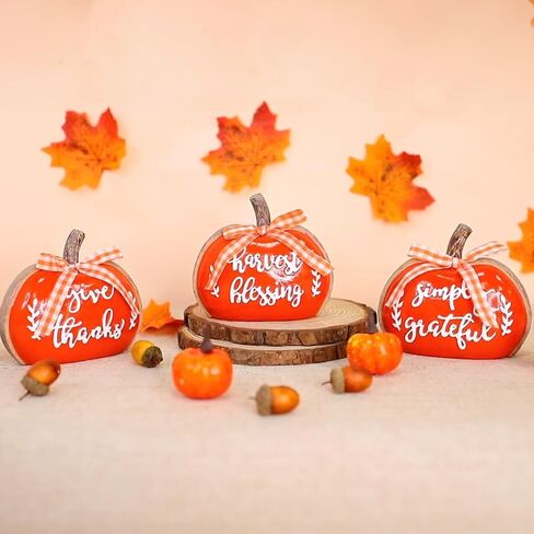 TURNMEON 3D Resin Pumpkin Decor, 3 PCS Fall Pumpkin Thanksgiving Decor - Give Thanks,Blessing,Simply Gratefully - Butterfly knots Fall Table Centerpieces Halloween Decorations Indoor Home Mantel Decor in Saudi Arabia