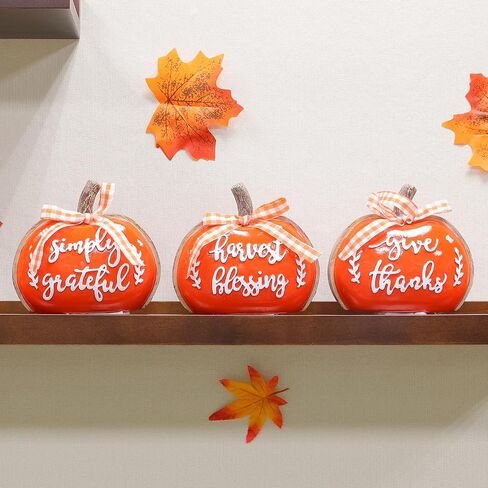 TURNMEON 3D Resin Pumpkin Decor, 3 PCS Fall Pumpkin Thanksgiving Decor - Give Thanks,Blessing,Simply Gratefully - Butterfly knots Fall Table Centerpieces Halloween Decorations Indoor Home Mantel Decor in Saudi Arabia