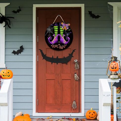 Capoda Halloween Witch Door Sign Trick or Treat Door Hanger Halloween Wooden Door Wreath with Bow Halloween Decoration for Halloween Indoor Outdoor Party Home Wall Decor in Saudi Arabia