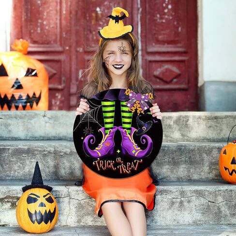 Capoda Halloween Witch Door Sign Trick or Treat Door Hanger Halloween Wooden Door Wreath with Bow Halloween Decoration for Halloween Indoor Outdoor Party Home Wall Decor in Saudi Arabia