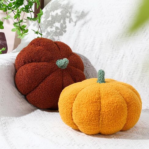 Kajaia 2 Pieces Simulated Pumpkin Plush Pillow 11 x 9.5 Inch 3D Thanksgiving Cushion Pillow Fall Decorations Toy Pillows for Thanksgiving Christmas Bedroom Sofa Couch Supplies (Yellow, Brown) in Saudi Arabia