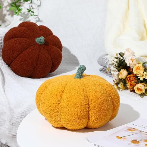 Kajaia 2 Pieces Simulated Pumpkin Plush Pillow 11 x 9.5 Inch 3D Thanksgiving Cushion Pillow Fall Decorations Toy Pillows for Thanksgiving Christmas Bedroom Sofa Couch Supplies (Yellow, Brown) in Saudi Arabia