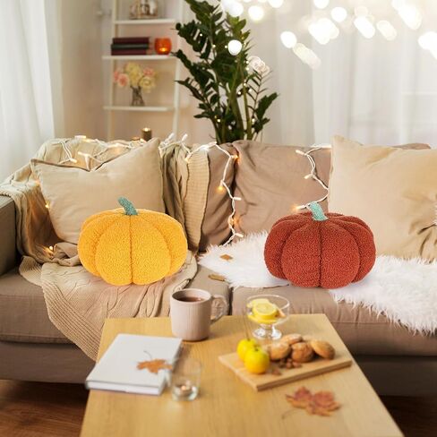 Kajaia 2 Pieces Simulated Pumpkin Plush Pillow 11 x 9.5 Inch 3D Thanksgiving Cushion Pillow Fall Decorations Toy Pillows for Thanksgiving Christmas Bedroom Sofa Couch Supplies (Yellow, Brown) in Saudi Arabia
