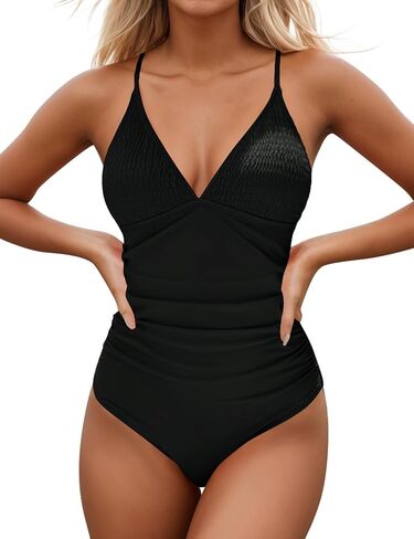 Women's One Piece Swimsuits Tummy Control V Neck Smocked Tie Back Bathing Suits in Saudi Arabia