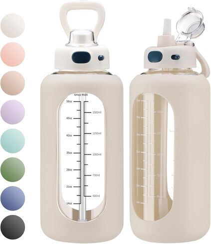 SIEROZUR 64 oz Glass Water Bottle with Straw and Handle Large Sports Motivational Water Bottle Flask with Time Marker Leakproof Water Jug with Silicone Sleeve for Gym in Saudi Arabia