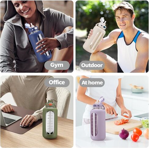 SIEROZUR 64 oz Glass Water Bottle with Straw and Handle Large Sports Motivational Water Bottle Flask with Time Marker Leakproof Water Jug with Silicone Sleeve for Gym in Saudi Arabia