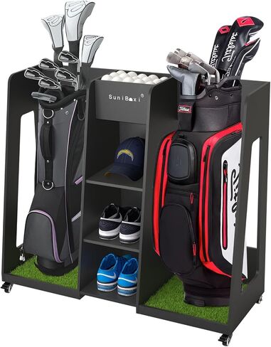 Golf Bag Organizer Storage Rack Stand Holder with 4 Wheel Fits 2 Extra Large Golf Club Bags and Multiple Golfing Equipment Accessories Gifts for Any Level Golfer in Garage Shed Basement Indoor Outdoor in Saudi Arabia