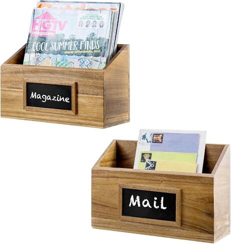 MyGift Premium Solid Acacia Wood Hanging Magazine Holder Rack, Wall Mounted Paper File Organizer Mail Sorter Bin with Chalkboard Label, Set of 2 in Saudi Arabia