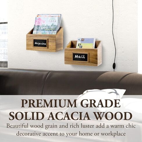 MyGift Premium Solid Acacia Wood Hanging Magazine Holder Rack, Wall Mounted Paper File Organizer Mail Sorter Bin with Chalkboard Label, Set of 2 in Saudi Arabia